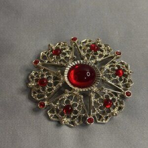 Vintage Filigree Brooch with Red Gemstones